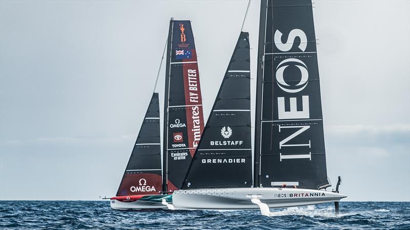 Emirates Team New Zealand and INEOS Britannia - AC40s - Broadcast Testing - August 10, 2023 - Barcelona photo copyright Job Vermeulen / America's Cup taken at Royal New Zealand Yacht Squadron and featuring the AC40 class