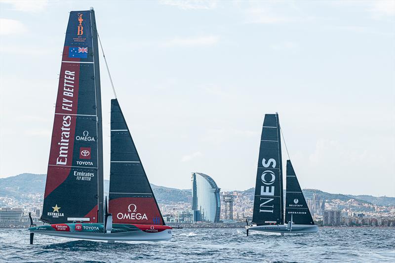 Emirates Team New Zealand and INEOS Britannia - AC40s - Broadcast Testing - August 10, 2023 - Barcelona - photo © Ugo Fonolla / America's Cup