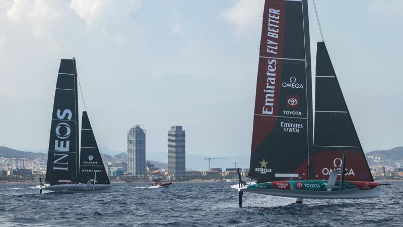 Emirates Team New Zealand and INEOS Britannia - AC40s - Broadcast Testing - August 10, 2023 - Barcelona - photo © Ugo Fonolla / America's Cup