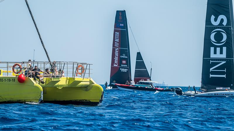 Emirates Team New Zealand and INEOS Britannia - AC40s- Broadcast Testing - August 11, 2023 - Barcelona - photo © Job Vermeulen / America's Cup