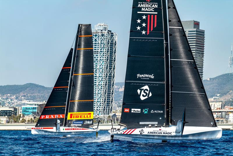 Luna Rossa and American Magic - AC40 - Broadcast Testing - August 12, 2023 - Barcelona - photo © Paul Todd/America's Cup