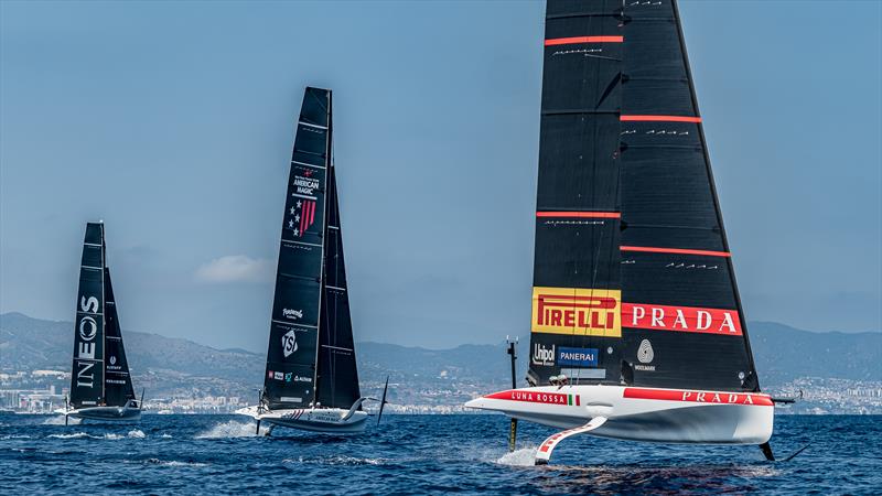 Luna Rossa,  American Magic and INEOS Britannia - AC40 - Broadcast Testing - August 12, 2023 - Barcelona photo copyright Job Vermeulen / America's Cup taken at Royal Yacht Squadron and featuring the AC40 class