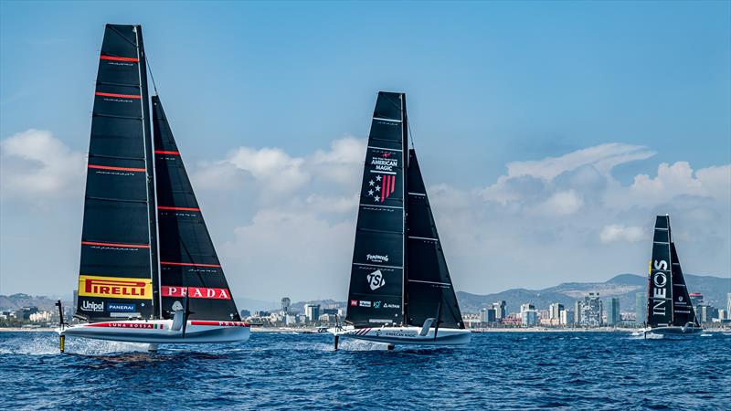 Luna Rossa,  American Magic and INEOS Britannia - AC40 - Broadcast Testing - August 12, 2023 - Barcelona photo copyright Job Vermeulen / America's Cup taken at Royal Yacht Squadron and featuring the AC40 class