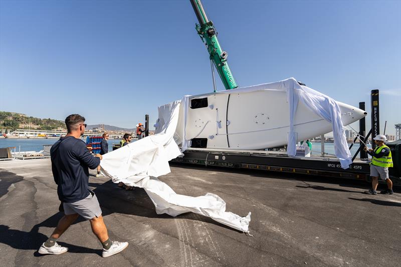 Orient Express Racing Team - AC40 unpack and launch - Barcelona - August 2023 - photo © Martin Keruzore OERT