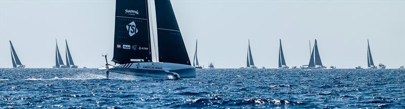  American Magic and the TP52 Worlds fleet - AC40 - Day 57 - Barcelona - August 24, 2023 photo copyright Paul Todd/America's Cup taken at New York Yacht Club and featuring the AC40 class