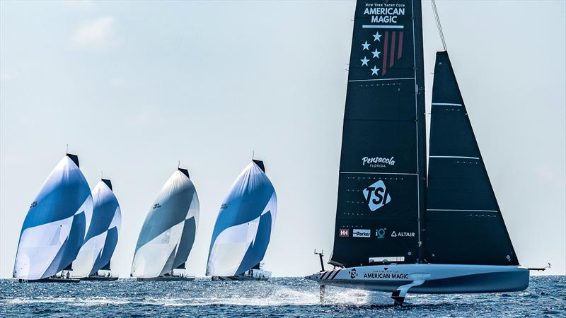  American Magic and TP52 Worlds fleet - AC40 - Day 58 - Barcelona - August 25, 2023 photo copyright Paul Todd/America's Cup taken at New York Yacht Club and featuring the AC40 class