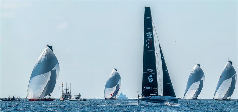  American Magic and TP52 Worlds fleet - AC40 - Day 58 - Barcelona - August 25, 2023 photo copyright Paul Todd/America's Cup taken at New York Yacht Club and featuring the AC40 class