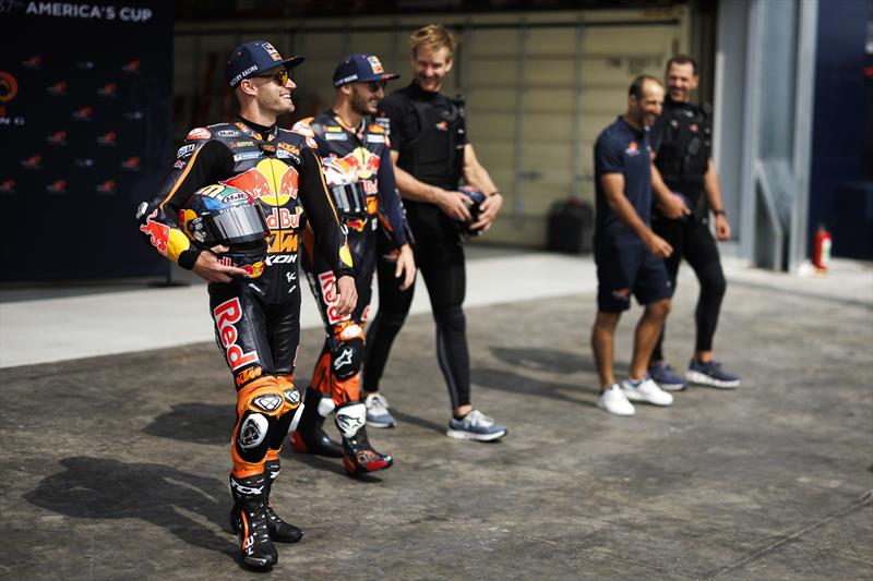 (L to R) Brad Binder, Jack Miller of Red Bull KTM Factory Racing and Barnabe Delarze, Arnaud Psarofaghis and Nico Stahlberg of Alinghi Red Bull Racing seen during the base visit in Barcelona, on August 30,  photo copyright Red Bull Content Pool taken at Société Nautique de Genève and featuring the AC40 class