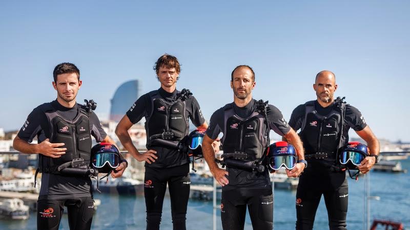 (L to R) Maxime Bachelin, Bryan Mettraux, Arnaud Psarofaghis and Yves Detrey of Switzerland and Alinghi Red Bull Racing pose for a group photo copyright Alinghi Red Bull Racing taken at  and featuring the AC40 class