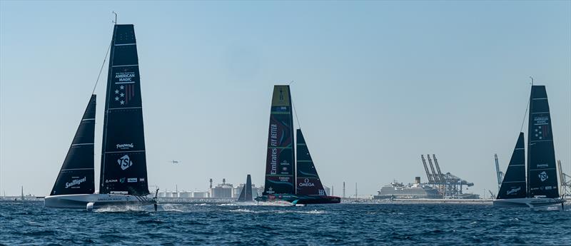 Alinghi RBR (AC75) , Emirates TNZ (AC75)  and American Magic - AC40 - Day 76 - Barcelona - October 11, 2023 photo copyright Job Vermeulen / America's Cup taken at Real Club Nautico de Barcelona and featuring the AC40 class