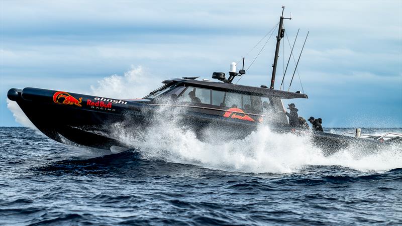 Alinghi Red Bull Racing's new Catalyst 45 chase boat got a good testing in the  rough conditions - Day 94 - Barcelona - October 16, 2023 photo copyright Paul Todd/America's Cup taken at Real Club Nautico de Barcelona and featuring the AC40 class