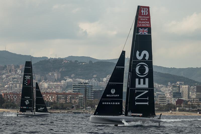 American Magic and INEOS Britannia - AC40 - Day 78 - Barcelona - October 17, 2023 photo copyright Job Vermeulen / America's Cup taken at Real Club Nautico de Barcelona and featuring the AC40 class