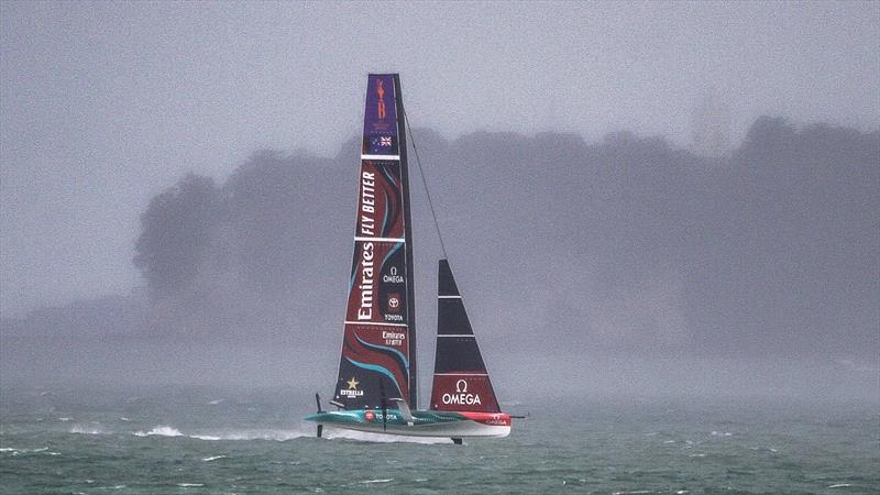 Emirates Team New Zealand in a rain squall - AC40 - Day 44 - Auckland - November 17, 2023 photo copyright Richard Gladwell - Sail-World.com/nz taken at Royal New Zealand Yacht Squadron and featuring the AC40 class