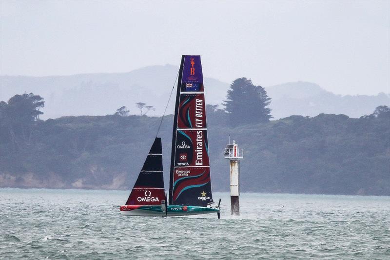 Emirates Team New Zealand passes Northern Leading which has a now casting station - AC40 - Day 44 - Auckland - November 17, 2023 - photo © Richard Gladwell - Sail-World.com/nz