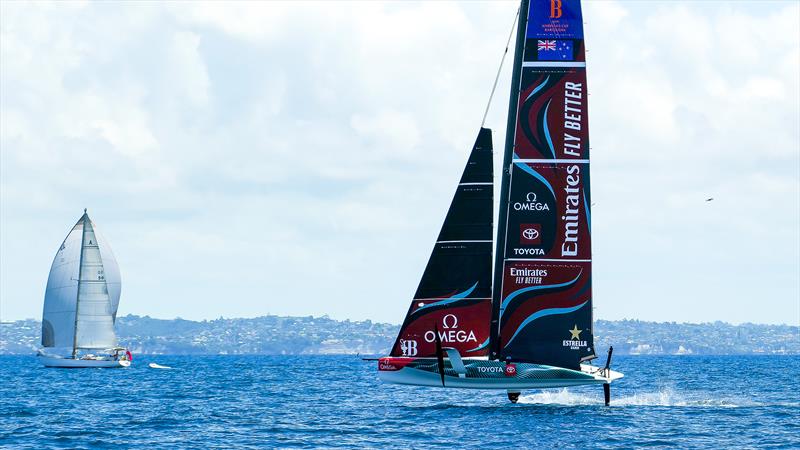 The LEQ12 chases down the 64ft S&S design Ta'aroa (a crack inshore and offshore racer in the mid-60's) - Emirates Team New Zealand - LEQ12 Prototype - Day 54 - January 17, 2024 - Auckland - photo © Sam Thom/America's Cup