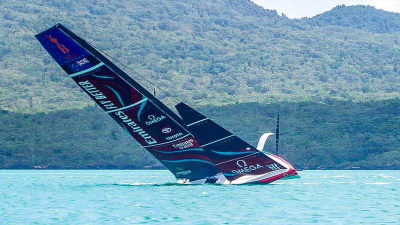 Pulling around head to wind after losing foil control Emirates Team New Zealand comes close to a capsize - LEQ12 Prototype - Day 55 - January 18, 2024 - Auckland - photo © Sam Thom/America's Cup