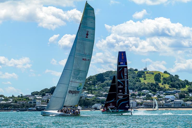 An IACC yacht used in the 1992 - 2007 America's Cups and the AC40 - Emirates Team New Zealand - LEQ12 Prototype -  Day 59, January 26, 2024 - Auckland photo copyright Sam Thom / America's Cup taken at Royal New Zealand Yacht Squadron and featuring the AC40 class