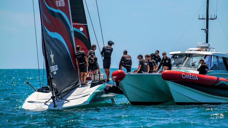 Some group think during a break in testing - Emirates Team New Zealand - LEQ12 Prototype -  Day 59, January 26, 2024 - Auckland photo copyright Sam Thom / America's Cup taken at Royal New Zealand Yacht Squadron and featuring the AC40 class