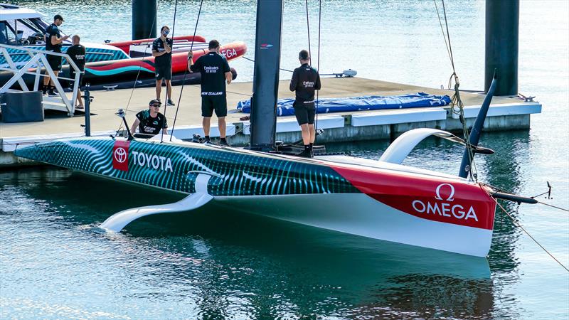 The errant port wing foil is raised - Emirates Team New Zealand - LEQ12 Prototype -  Day 61, January 31, 2024 - Auckland photo copyright Sam Thom / America's Cup taken at Royal New Zealand Yacht Squadron and featuring the AC40 class