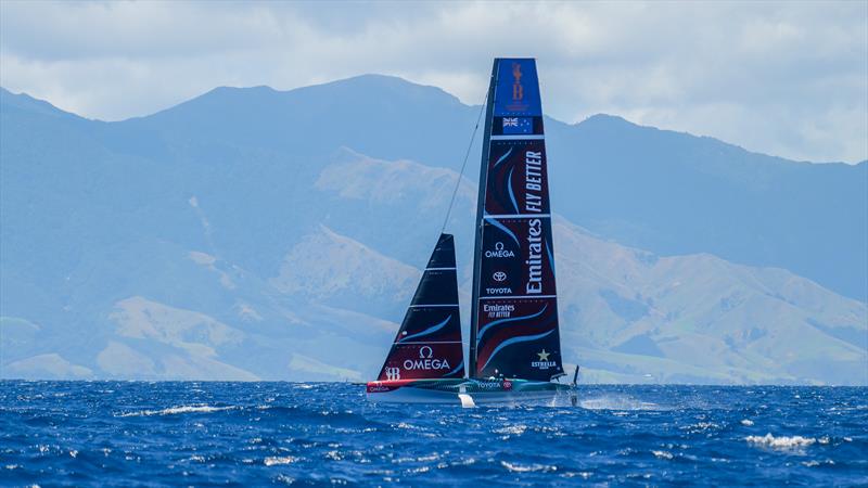 Emirates Team New Zealand with the Coromandel Range in the background - AC40 - Day 64 - Auckland - February 15, 2024 - photo © Sam Thom/America's Cup