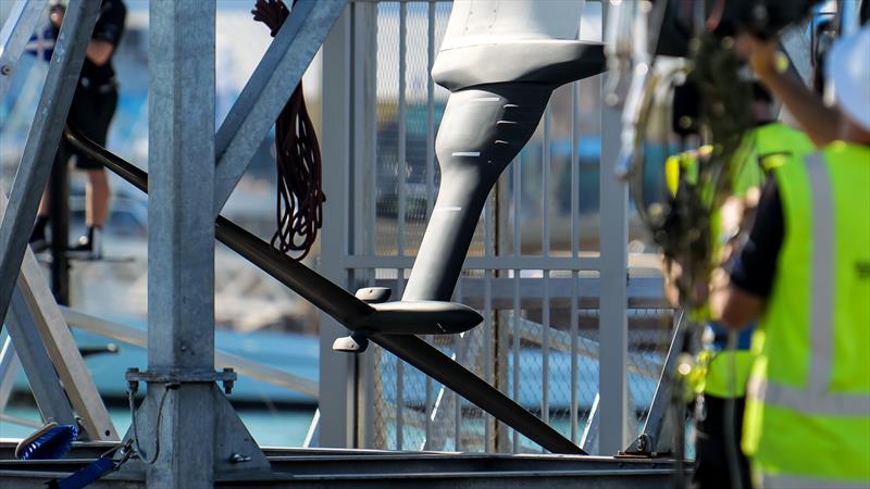 Port foil arm has an interesting approach to mass distribution - Emirates Team New Zealand - AC40 - Day 68 - March 1, 2024 - Waitemata Harbour/Hauraki Gulf photo copyright Sam Thom/America's Cup taken at Royal New Zealand Yacht Squadron and featuring the AC40 class