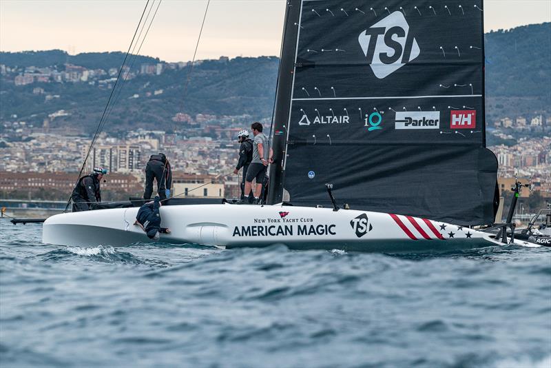 Crew member checks for damage - American Magic - AC40 - Day 99 - March 4, 2024 - Barcelona - photo © Job Vermeulen / America's Cup