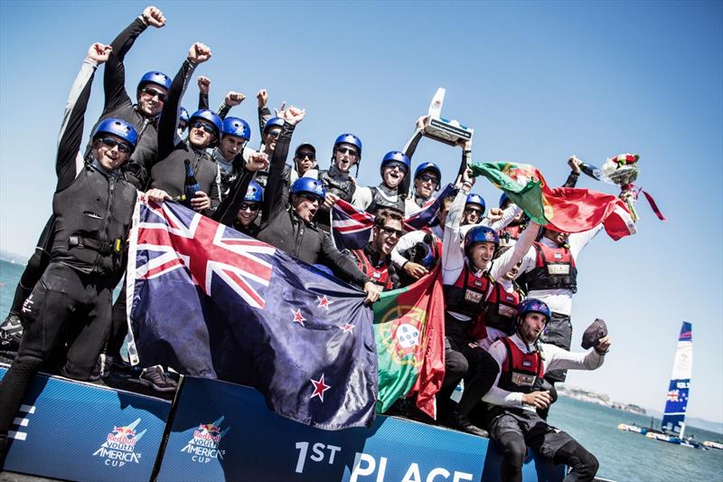 Members of NZL Sailing Team with ETNZ and Full Metal Jacket Racing of New Zealand celebrate with ROFF / Cascais Sailing Team of Portugal during the award ceremony of the Red Bull Youth Americas Cup in San Francisco - September 4, 2013 - photo © Balazs Gardi