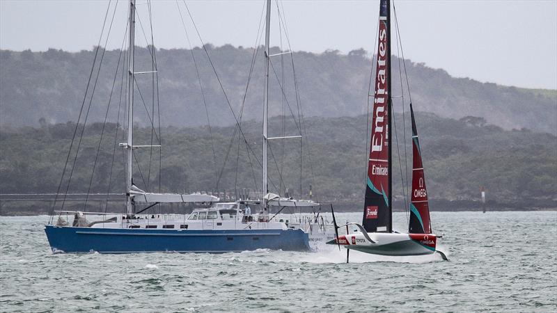 Wind Spirit - 78ft cruising ketch currently on a round the world solo voyage - Emirates Team NZ - AC40 - Waitemata Harbour - December 15, 2025 photo copyright Richard Gladwell - Sail-World.com/nz taken at Wakatere Boating Club and featuring the AC40 class