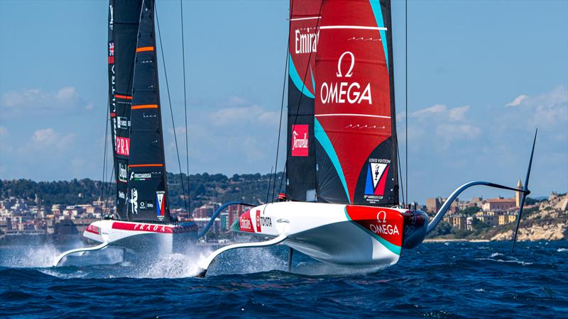 Emirates Team NZ ahead of Luna Rossa - Fleet Practice - Preliminary Regatta Sardinia - Louis Vuitton 38th America's Cup -  - photo © Ian Roman / America's Cup