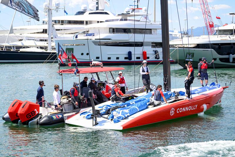 GB1 was taken to the dock before racing on day 1 - Louis Vuitton 38th America's Cup - Preliminary Regatta Sardinia - May 22, 2026 - photo © David Maynard / www.alleycatphotographer.com