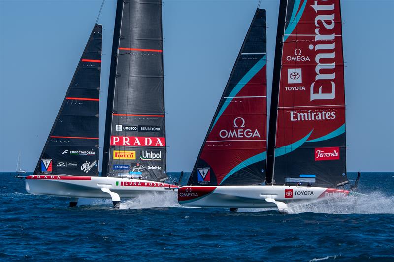 Luna Rossa Blue and Emirates Team NZ Blue - Louis Vuitton 38th America's Cup Preliminary Regatta - Day 3 - May 24, 2026 photo copyright Ian Roman taken at Yacht Club Cagliari and featuring the AC40 class