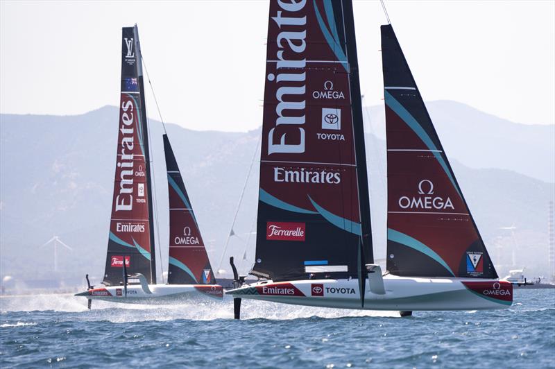 Emirates Team NZ Blue (nearest the camera) and ETNZGrey - Louis Vuitton 38th America's Cup Preliminary Regatta - Day 3 - May 24, 2026 photo copyright Ivo Rovira / America's Cup taken at Yacht Club Cagliari and featuring the AC40 class