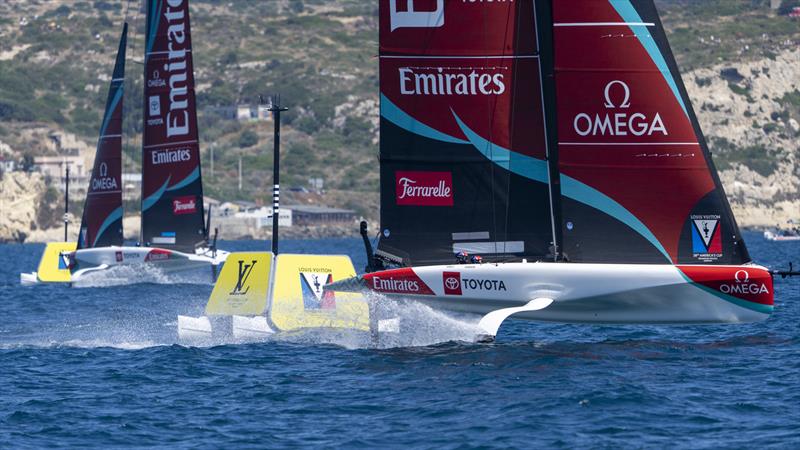 Emirates Team NZs round  a leeward mark - Louis Vuitton 38th America's Cup Preliminary Regatta - Day 3 - May 24, 2026 photo copyright Ian Roman taken at Yacht Club Cagliari and featuring the AC40 class