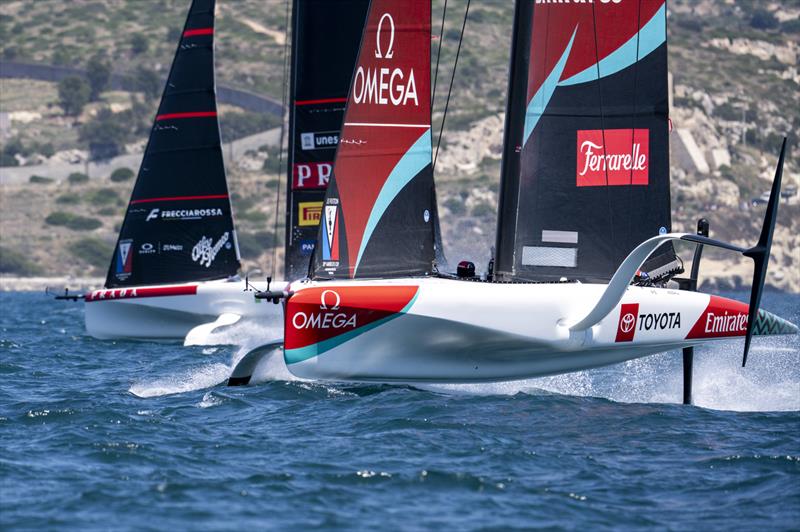 Emirates Team NZ W&M and Luna Rossa W&M - Louis Vuitton 38th America's Cup Preliminary Regatta - Day 3 - May 24, 2026 photo copyright Ivo Rovira / America's Cup taken at Yacht Club Cagliari and featuring the AC40 class