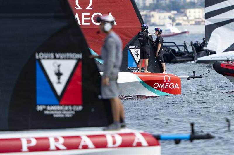 Teams wait for wind - Day 1 - Louis Vuitton America's Cup - Preliminary Regatta Naples - September 25, 2026 - photo © Ian Roman/ America's Cup