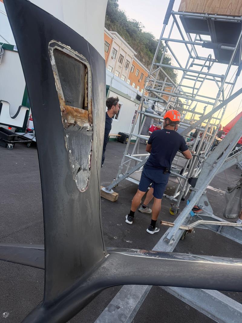 Foil arm on GB1 with missing hatch - Day 1 - Louis Vuitton America's Cup - Preliminary Regatta Naples - September 25, 2026 - photo © America's Cup
