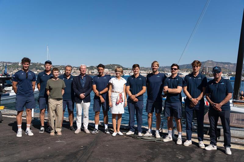 Sidonie Folco, representing Secretary General for the Sea; Paul de Sinety, Consul General of France in Naples; Anne-Marie Descôtes, Ambassador of France to Italy; Stephan Kandler, CEO of K-Challenge; and La Roche-Posay Racing Team—sailors & support staff photo copyright Nicolas Touzé / La Roche-Posay Racing Team taken at  and featuring the AC40 class