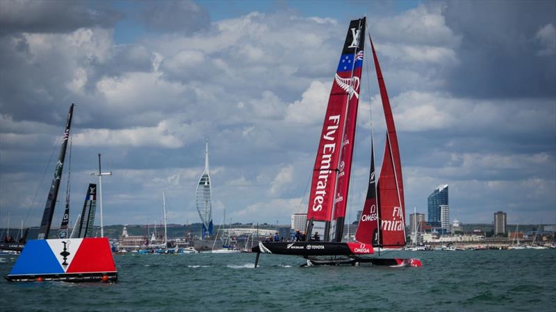 Emirates Team New Zealand sailing on race day one at the 2015 Louis Vuitton America's Cup World Series event in Portsmouth photo copyright Hamish Hooper / ETNZ taken at  and featuring the AC45 class