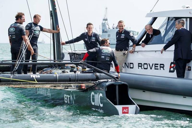HRH The Duke of Edinburgh visits team Land Rover BAR on the water photo copyright Shaun Roster taken at  and featuring the AC45 class