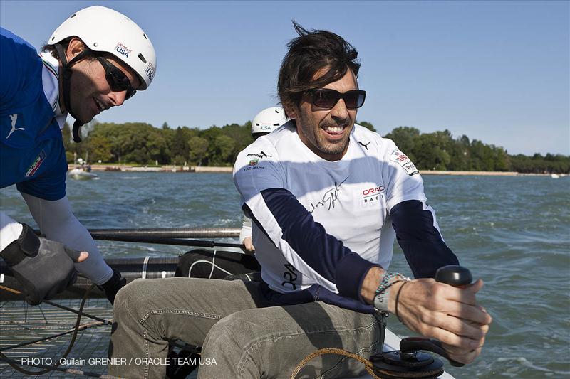 Italian footballer Gianlugi Buffon visits ORACLE TEAM USA and sails with Jimmy Spithill in Venice photo copyright Guilain Grenier / ORACLE TEAM USA taken at  and featuring the AC45 class