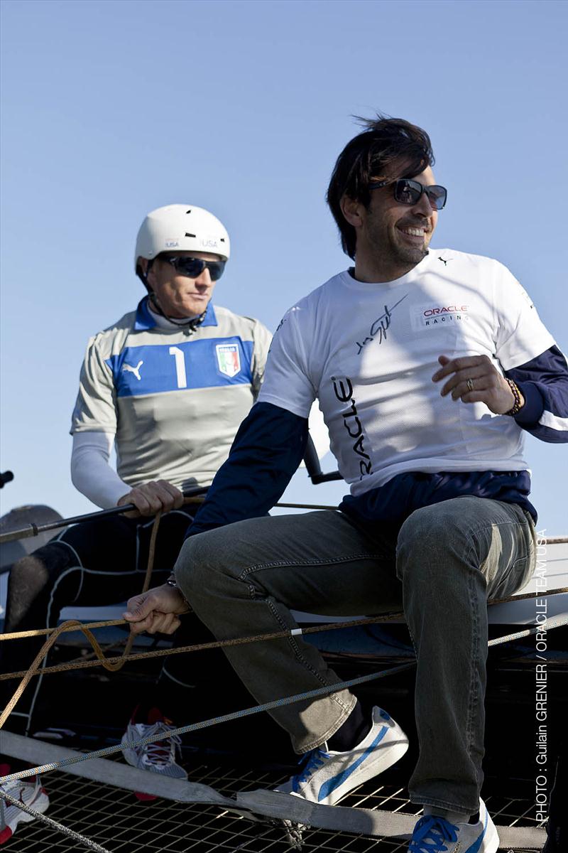 Italian footballer Gianlugi Buffon visits ORACLE TEAM USA and sails with Jimmy Spithill in Venice photo copyright Guilain Grenier / ORACLE TEAM USA taken at  and featuring the AC45 class