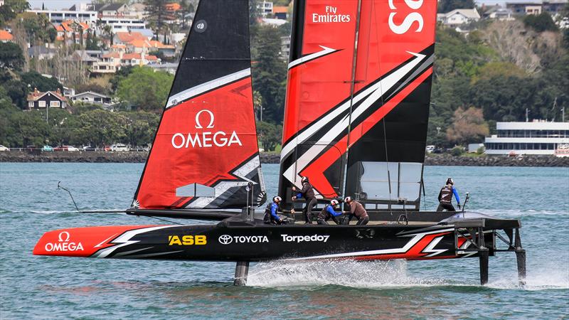 Emirates Team NZ's AC45S Surrogate platform with rudder gantry  - photo © Richard Gladwell - Sail-World.com/nz