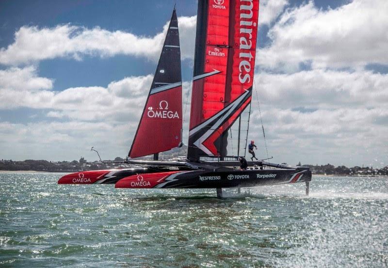 Emirates Team New Zealand practicing in Auckland photo copyright Hamish Hooper / ETNZ taken at  and featuring the AC50 class