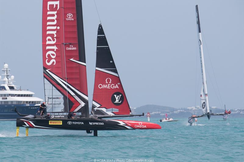 Emirates Team New Zealand beat Groupama Team France on day 7 at the 35th America's Cup photo copyright ACEA 2017 / Gilles Martin-Raget taken at  and featuring the AC50 class