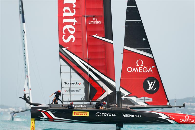 Emirates Team New Zealand beat Groupama Team France on day 7 at the 35th America's Cup photo copyright Richard Hodder taken at  and featuring the AC50 class