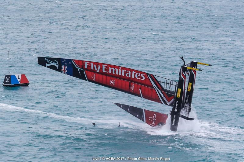 Emirates Team New Zealand capsize on the second day of the Louis Vuitton America's Cup Challenger Playoffs - photo © ACEA 2017 / Gilles Martin-Raget