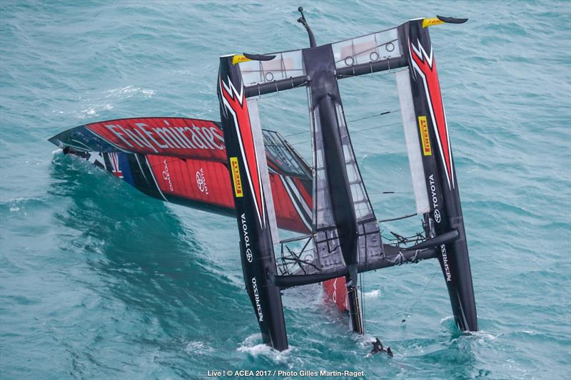 Emirates Team New Zealand capsize on the second day of the Louis Vuitton America's Cup Challenger Playoffs photo copyright ACEA 2017 / Gilles Martin-Raget taken at  and featuring the AC50 class