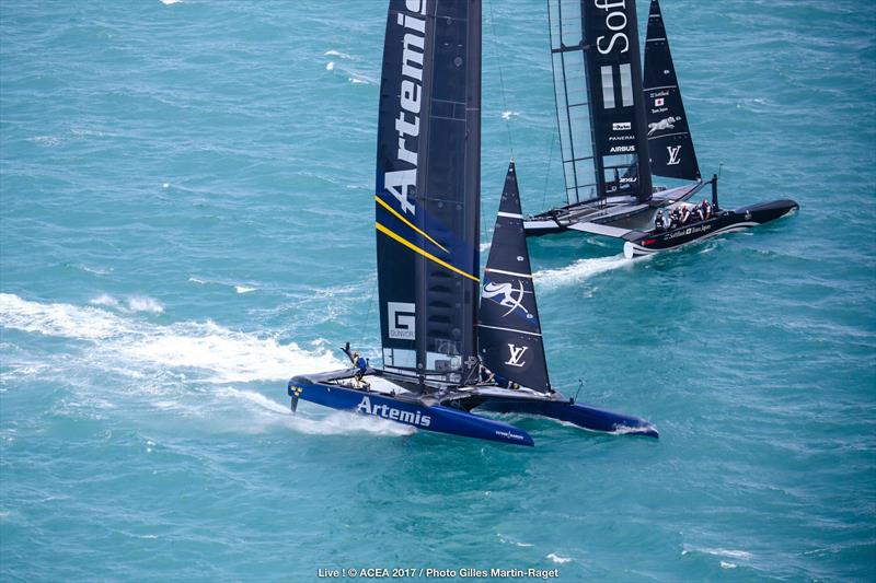 Artemis Racing vs. SoftBank Team Japan on the second day of the Louis Vuitton America's Cup Challenger Playoffs - photo © ACEA 2017 / Gilles Martin-Raget
