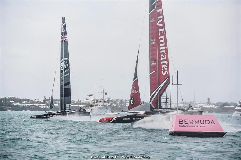 Land Rover BAR vs. Emirates Team New Zealand on the second day of the Louis Vuitton America's Cup Challenger Playoffs photo copyright ACEA 2017 / Ricardo Pinto taken at  and featuring the AC50 class