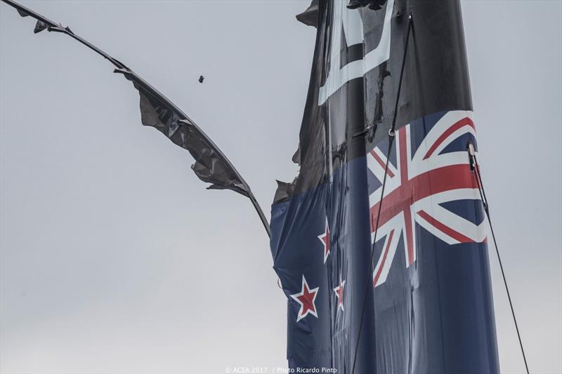 Damage to Emirates Team New Zealand's wingsail on the second day of the Louis Vuitton America's Cup Challenger Playoffs photo copyright ACEA 2017 / Ricardo Pinto taken at  and featuring the AC50 class